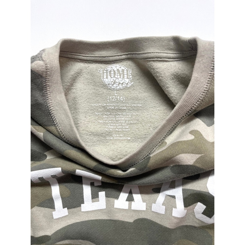 Home State Texas Camo Sweatshirt Large Green Tan Camouflage Fleece Pullover 0382 - Picture 7 of 8